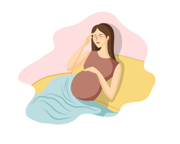 孕妇坐在沙发上，正经历着剧烈的疼痛(头痛)。一线画矢量平面插图生病的孕妇在家里遭受痛苦图片下载