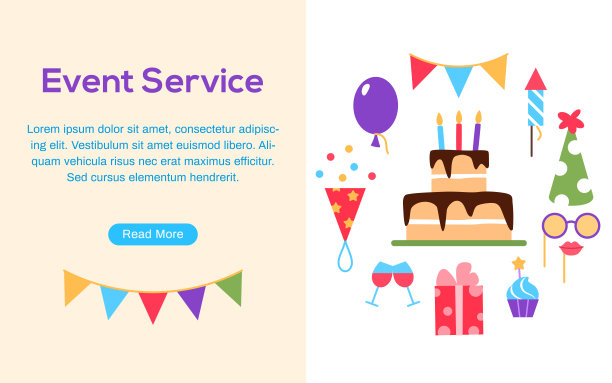 带有文本空格按钮的事件服务网页。生日派对嘉年华节日庆祝横幅或背景与有趣的彩色平面元素蛋糕礼物气球纸杯蛋糕糖果矢量插图图片下载