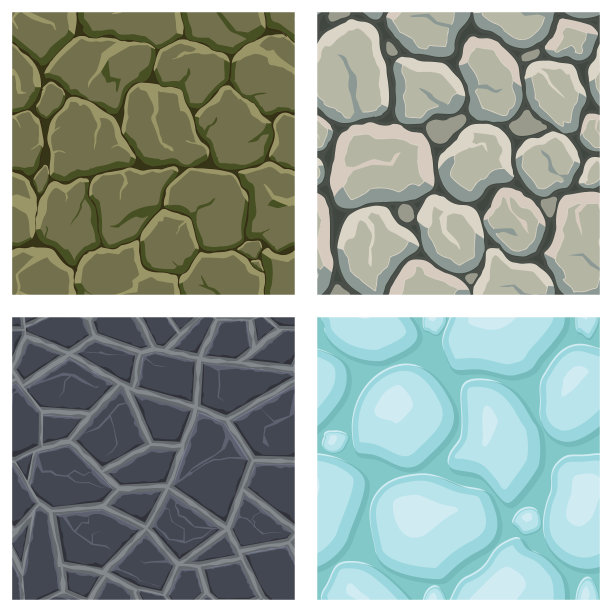 卡通游戏纹理，冰，石头和砖，泥土和地面表面无缝的图案。游戏资产墙壁和环境背景图片下载