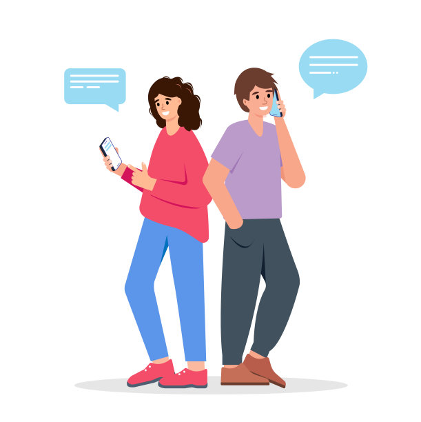 年轻的微笑男人和女人拿着智能手机聊天，聊天和写信息。社交媒体中的传播概念。图片下载