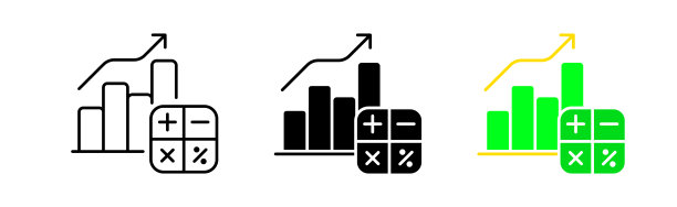 图形计算器线图标。折线图，趋势，利润，增长，增加，放大镜，箭头，战略，贸易，销售，购买，股票，价格。矢量图标在直线，黑色和彩色风格图片下载