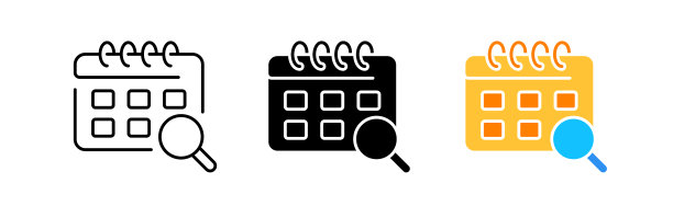 日历与放大镜行图标。时间表，日，周，月，日期，事件，假日，季节，季节，时间表，可兰经，提醒，截止日期。矢量图标在直线，黑色和颜色风格在白色背景图片下载