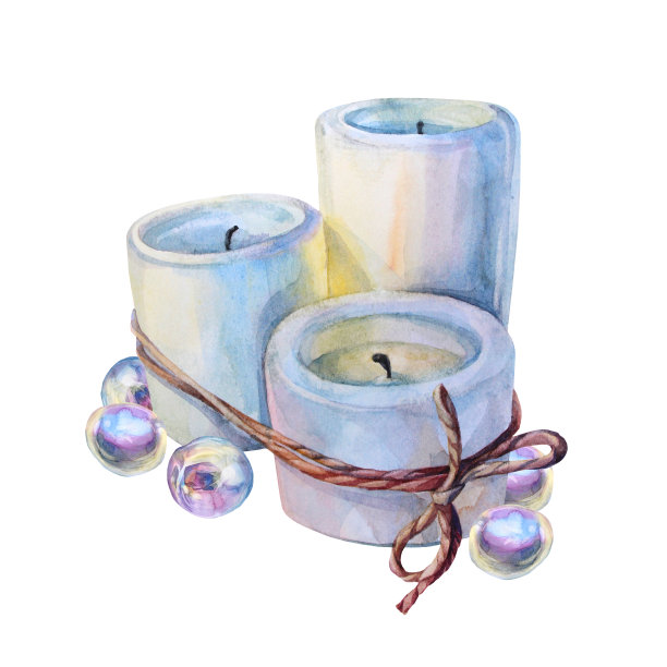 珍珠水彩蜡烛瑜伽或冥想孤立在白色背景。手绘创意魔术对象放松卡，贴纸，愈合，壁纸包装或纺织品图片下载