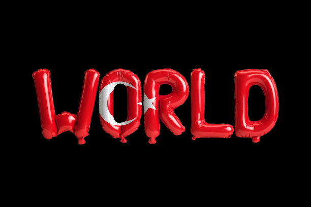 3D插画：关于土耳其地震的世界字母，带有旗帜颜色，隔离在黑色背景上图片下载