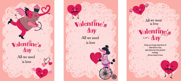 创意，可爱的情人节粉红色模板社交媒体与有趣的动物贺卡，海报，横幅问候。图片下载