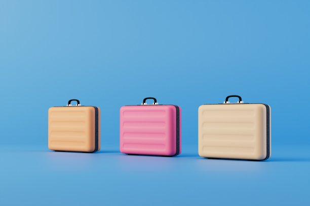 旅行中物品的运输。蓝色背景上的多色箱子。三维渲染图片下载