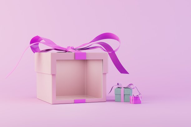 送礼的概念。一个空礼品盒旁边的小礼品盒。三维渲染图片下载