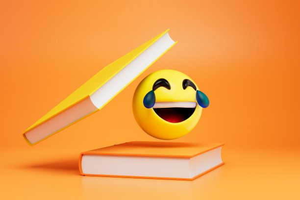 读有趣的故事。一个笑的表情符号在橙色背景的书中。三维渲染图片下载