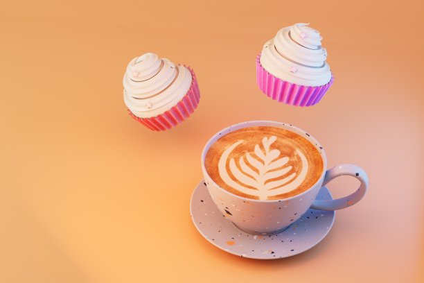 美味的点心。一杯咖啡和蛋糕，背景柔和。三维渲染图片下载