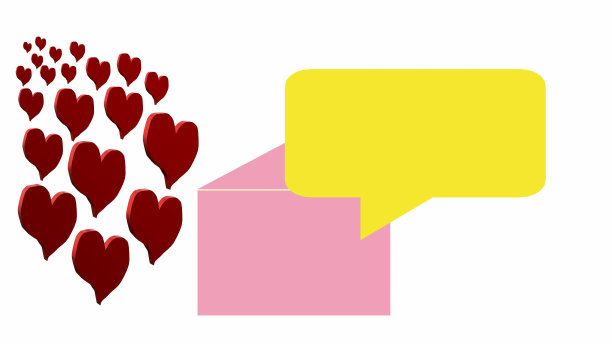 爱的问候概念。社交问候信息，粉红色与黄色小插图和红心在白色背景顶部视图图片下载