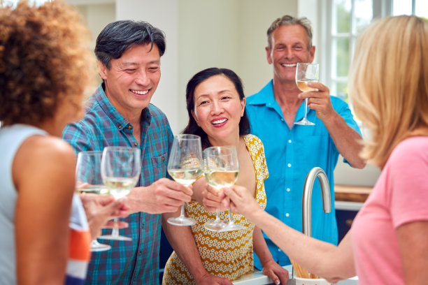 一群多元文化的资深朋友暑假聚会在度假公寓喝酒图片下载