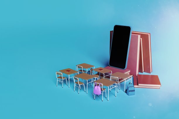 有课桌的在线教室，书上有手机图片下载