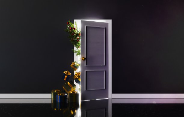 门上有圣诞树和礼物图片下载