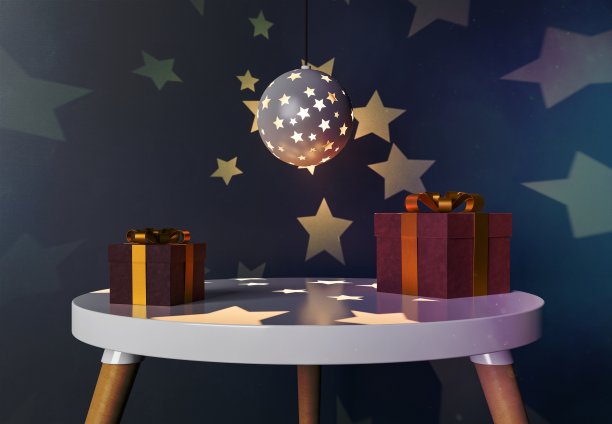 配有礼品盒的桌子和用于展示产品的夜灯图片下载