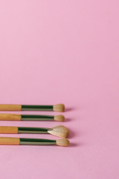 粉色背景垂直复制空间上的化妆刷图片下载