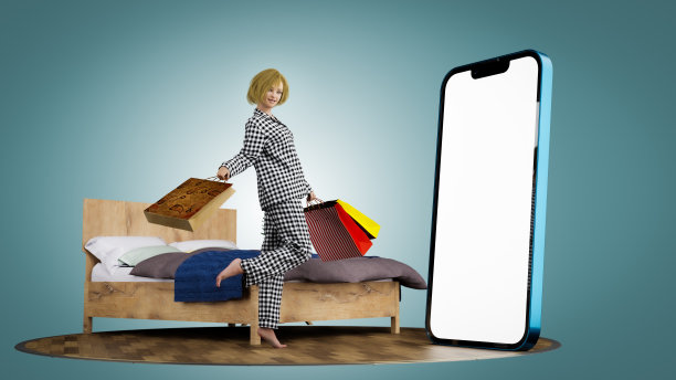 年轻女子穿着睡衣在卧室里用大智能手机购物。三维演示图片下载