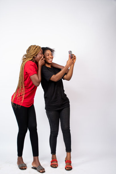 一对年轻的非洲女性朋友在白色背景下愉快地自拍图片下载