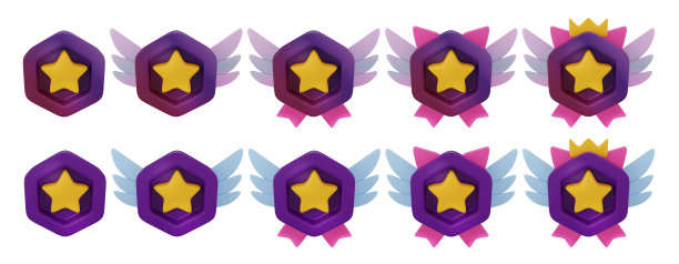 3D游戏徽章套装，徽章图标RPG套装，升级用户点六边形奖章，幻想排名明星。图片下载