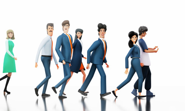 一群成功的商人在白色背景下行走，看着镜头。三维渲染图图片下载