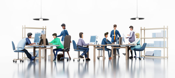 一群商务人员在一张桌子旁合作一个项目，分享想法。业务团队一起在大办公室工作。三维渲染图图片下载