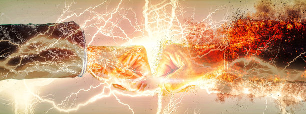 三维插图合成碰撞拳头和火焰爆炸对拳头的影响图片下载