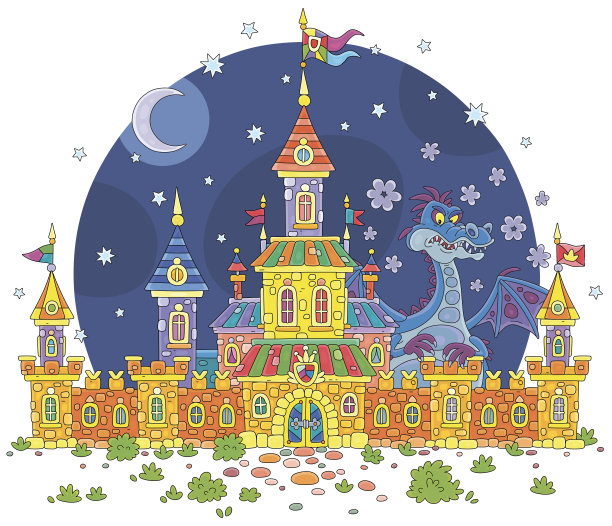 童话般的城堡，有高塔和一条龙守卫图片下载