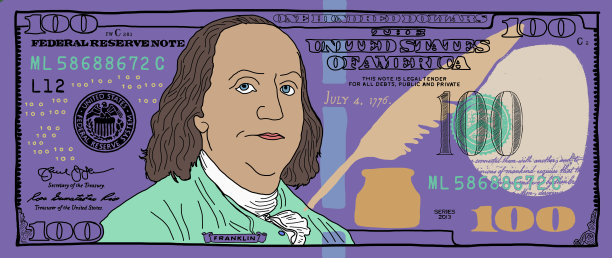 卡通手绘彩色100元钞票图片下载