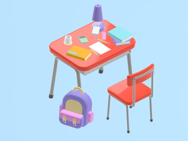 学校红色的桌子与学校的设备和粉红色的背包上的孩子的背景3D渲染，3D插图图片下载
