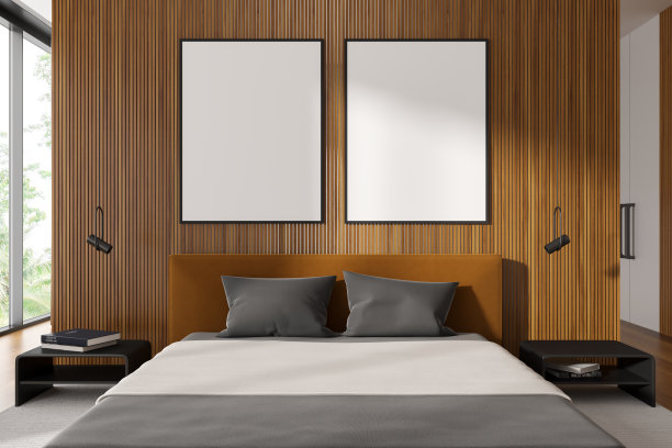 明亮的卧室内部有床和全景窗。模型框架图片下载