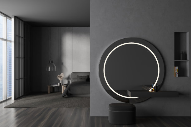 前面的观点在黑暗的工作室内部与床，床边，镜子图片下载