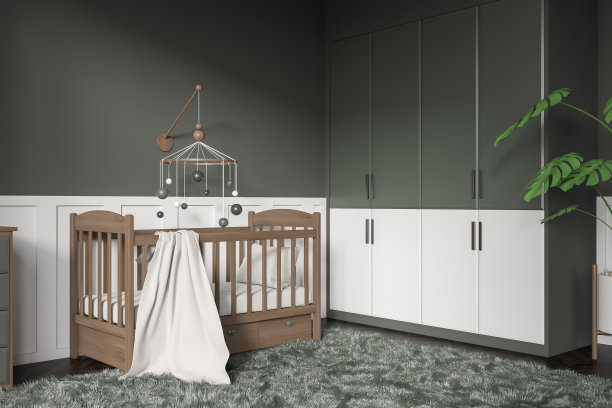 灰色婴儿房内部有婴儿床，架子和玩具装饰图片下载