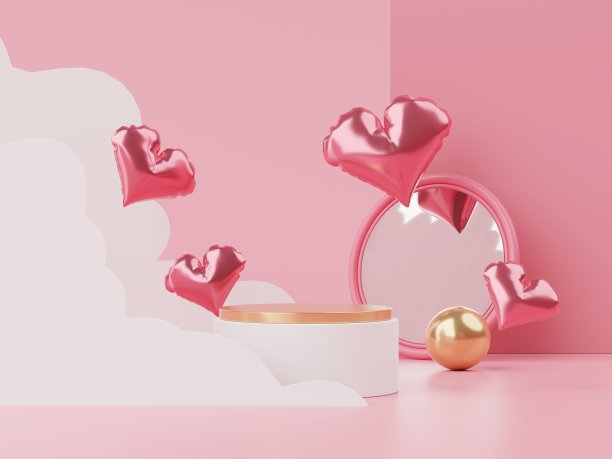 情人节快乐。最小的甜蜜爱情场景与展示平台模拟和产品品牌展示。粉色底座。可爱可爱的心形背景。爱天的设计风格。3 d渲染。图片下载