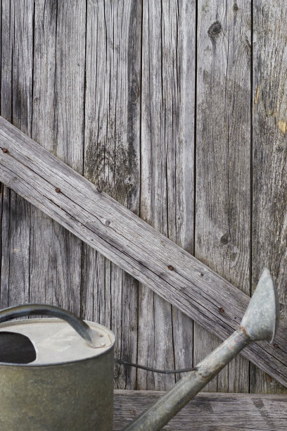 木栅栏旁的老式喷壶图片下载