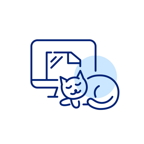 在家工作。猫躺在电脑显示器旁。像素完美，可编辑的笔画线图标图片下载