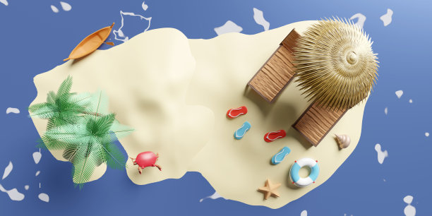 沙滩椅，伞，棕榈树，救生圈，海边，凉鞋，船，岛，海星，螃蟹孤立在海水背景上。夏季旅行概念，3d插图或3d渲染，俯视图图片下载