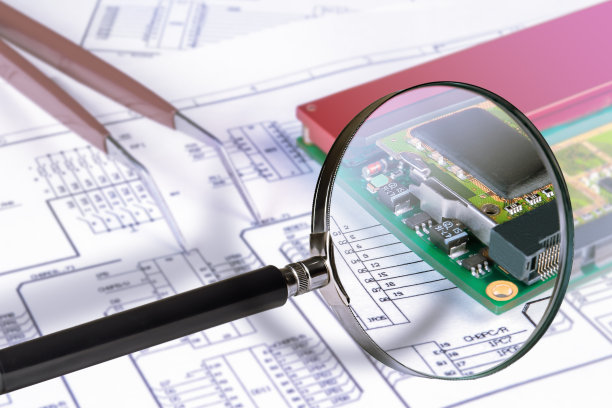 电路图的背景是电子板、放大镜和镊子。开发和设计电子设备的概念。图片下载