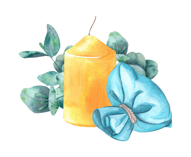 用一支蜡烛和一袋芳香的草药用水彩画在白色背景上。图片下载