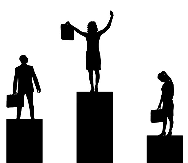 招聘过程。领奖台上站着一位获得奖牌的喜气洋洋的女士的剪影，上方是一男一女沮丧的剪影图片下载