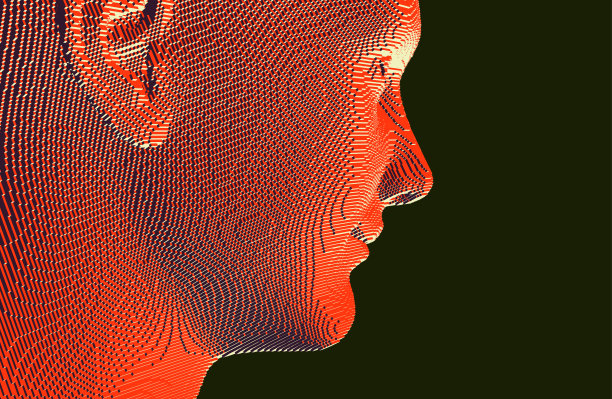 微笑男人的肖像。由立方体构造的抽象数字人头。技术和机器人概念。体素的艺术。用于演示文稿、传单或海报的3D矢量插图。图片下载