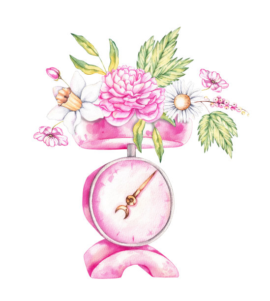 水彩厨房秤与花在白色背景图片下载