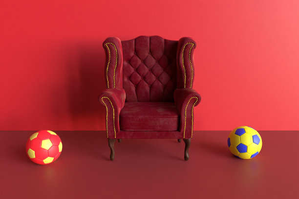 红色天鹅绒扶手椅，红色背景，每边一个足球3d渲染图片下载