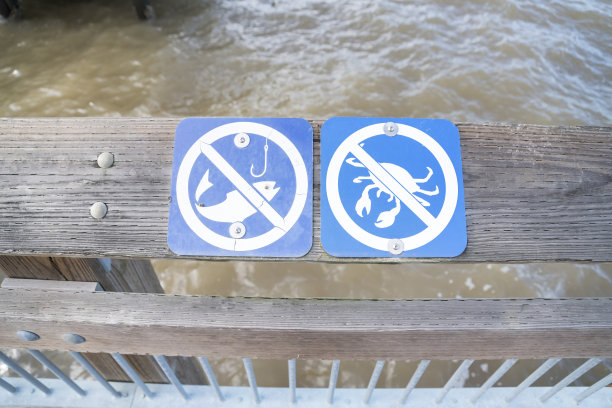木桥栏杆上“禁止钓鱼”标志的俯视图图片下载