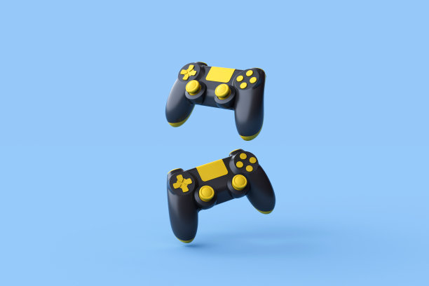 蓝色背景上的飞行手柄。创意极简游戏概念。3 d渲染。图片下载