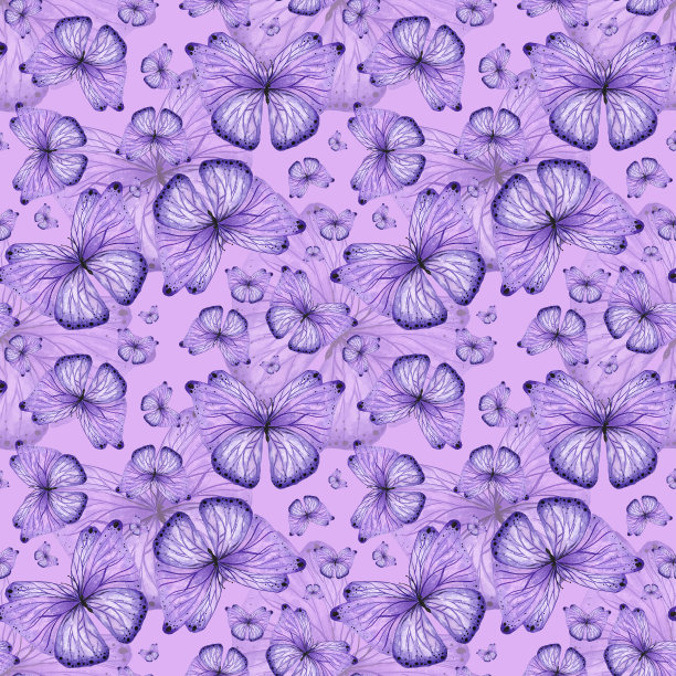 水彩无缝图案与紫色蝴蝶在粉红色的背景，手绘植物风格，度假，婚礼设计。适用于织物，纺织品，壁纸，封面，印刷品，包装，纸张，剪贴簿，服装，床上用品图片下载