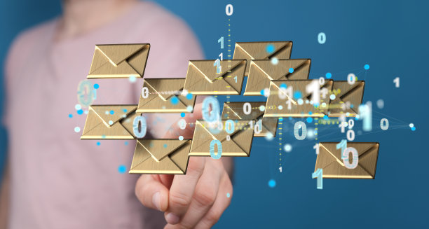 电子邮件符号和网络通信的3D渲染与模糊的背景图片下载