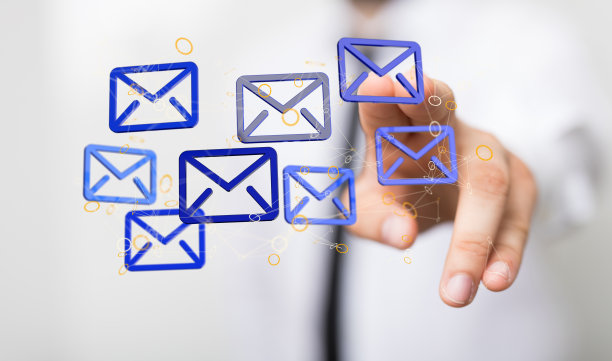 电子邮件符号和网络通信的3D渲染与模糊的背景图片下载