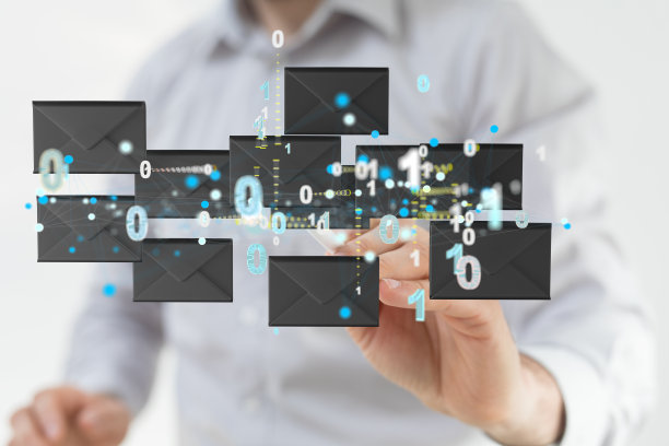 电子邮件符号和网络通信的3D渲染与模糊的背景图片下载