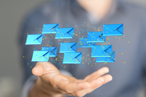 电子邮件符号和网络通信的3D渲染与模糊的背景图片下载