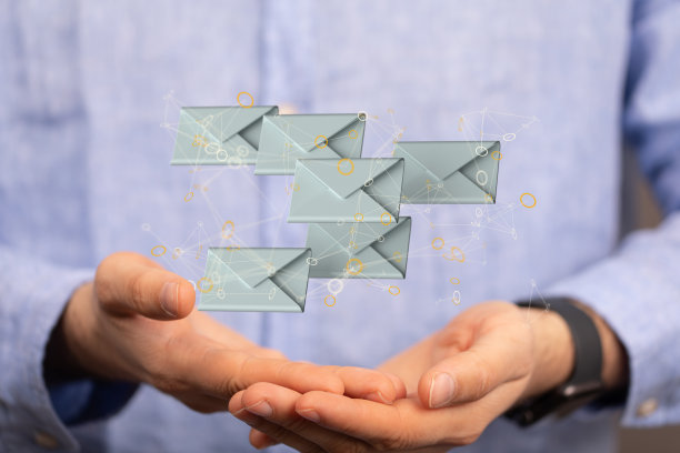 电子邮件符号和网络通信的3D渲染与模糊的背景图片下载