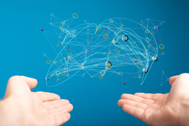 手部浮动数字数据网络符号的三维绘制-组织团队合作的概念图片下载